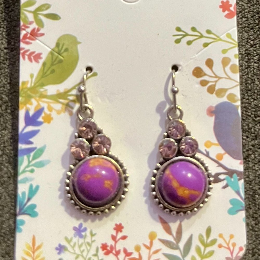 Rhinestone and Purple Bead Drop Earrings